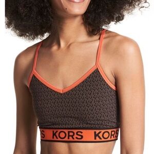 Michael Kors Bralette Bra Top Small in Chocolate MK Logo Pattern Orange Accents